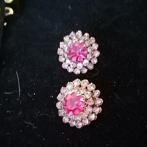 Pink Crystal Halo Stud Clip OnEarrings - Sparkling Floral Design